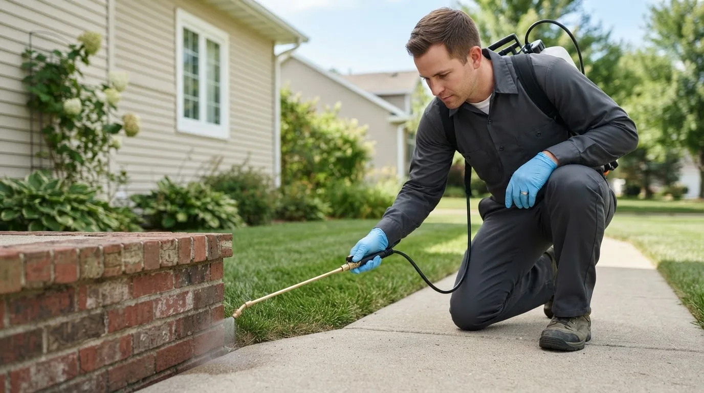 Pest control technician treating a home near Yates City, IL