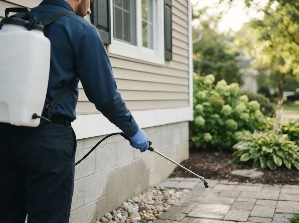 Pest control technician inspecting a home in Yates City, IL